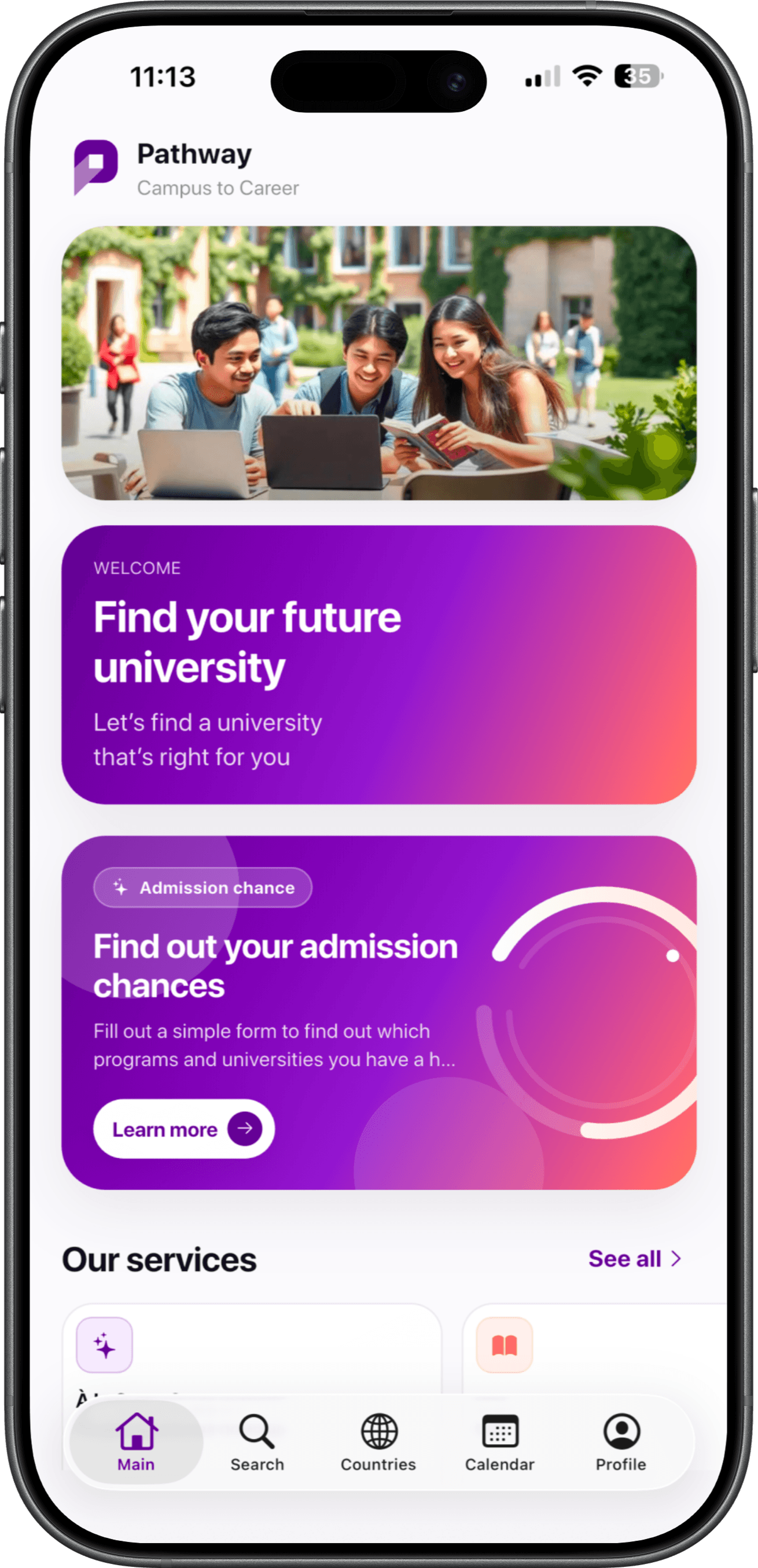 Pathway mobile app — university search and admissions tracker